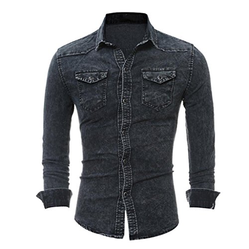 kaifongfu Men's Shirts Retro Denim Shirt Cowboy Blouse Slim Thin Long Tops Blouse (Black, L)