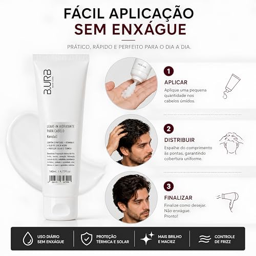 B.URB Leave-In Masculino Kendall 150ml Antifrizz, Proteção Térmica e Hidratação