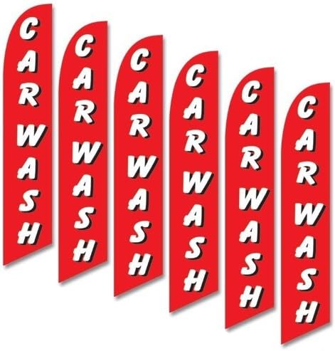 Six (6) Pack Full Sleeve Swooper Flags CAR WASH Red w Big White Black Text