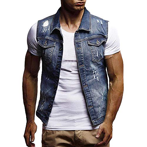 Men Denim Jacket,Vanvler Male Destroyed Waistcoat Blouse Autumn Winter Sleeveless Vest Top Fashion Clearance Sale (XL, Dark Blue)