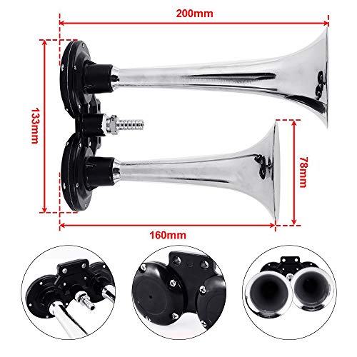 MKING 12V 150dB Car Air Horn Kit, Super Loud Twin Tone Chrome Plated Zinc Dual Trumpet Air Horn with Compressor for Any 12V Vehicles Car Truck RV Van SUV Motorcycle Off Road Boat (Silver)