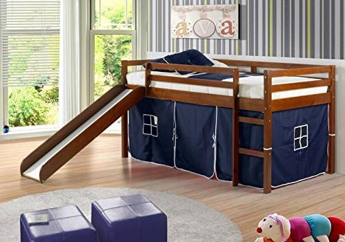 Kid's Twin Low Loft Bed w/ Slide and Tent - Espresso w/ Blue
