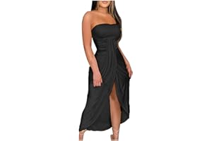WKISHENL Women's Sexy Dresses Strapless Ruched High Waist Wrap Split Asymmetrical Beach Maxi Long Dress Wedding Guest Dress