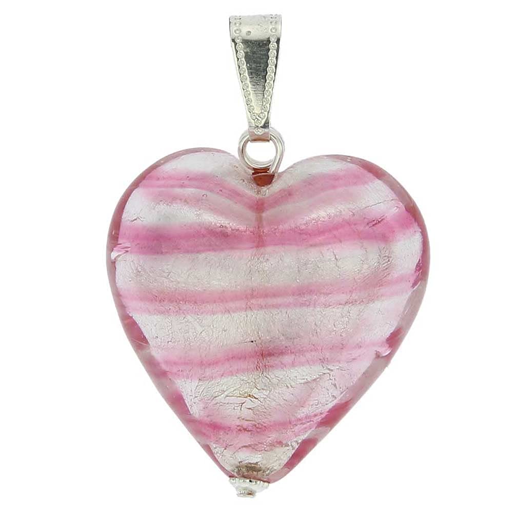 Glass Of Venice Murano Glass Heart Pendant - Striped Silver Pink