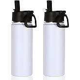 Volhoply 18oz Insulated Water Bottle Bulk 2 Pack,Kids Stainless Steel Water Bottles with Straw Lid,Double Wall Vacuum Metal Bottle,Wide Mouth Reusable Sports Flask for Cold Drink(White,2 Set)