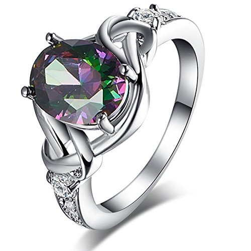 Veunora 925 Sterling Silver 8x10mm Oval Cut Rainbow White Topaz Filled Ring Jewelry Women