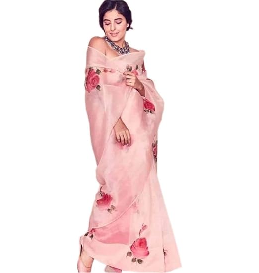Women's Organza Cream Peach Digital Floral Print Saree With Blouse