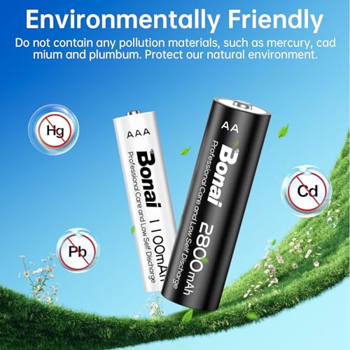 BONAI 24 Pieces AA/AAA Rechargeable Batteries, High Capacity Battery 2800/1100 mAh 1.2 V 1200 Cycles AA Rechargeable NI-MH, AAA Rechargeable Pre-charged, Low Self-Discharge