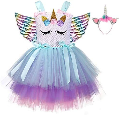 Birthday Unicorn Tutu Dress for Girls Halloween Rainbow Sweet Costume with Headband and Wings