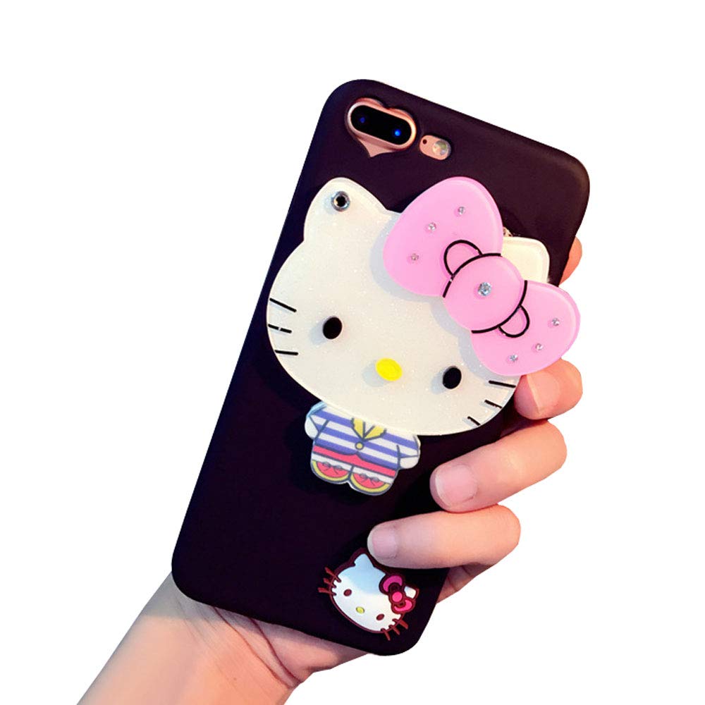BONTOUJOUR Super Lovely iPhone 7 Plus/iPhone 8 Plus Case, Creative Multifunction Cartoon Soft TPU Phone Case with Hello Kitty Cat Flower Mirror on Back + Lanyard - Hello Kitty Black