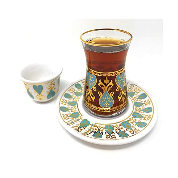 18 Piece Handmade Turkish Tea Glasses and Saucers Set with Arabic
