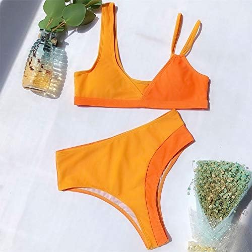 HUIJUNWENTI Women Sexy Bikini Set Irregular Straps Bra Swimsuit Orange Color Block Beachwear (Size : S)