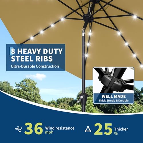 GarveeHome Ombrellone Da Giardino Solare 3 m Con 32 Luci LED, Protezione UV, Sollevamento a Manovella, Inclinazione Regolabile Con Pulsante, Per Terrazzo e Giardino