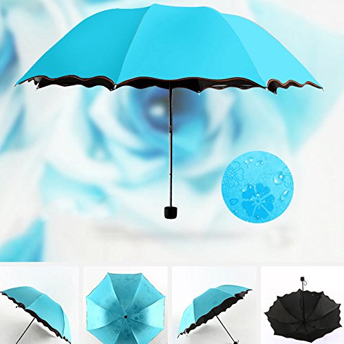 Tulas Parasols Umbrella Simple Fashion Women Umbrella Windproof Sunscreen Magic Flower Dome Ultraviolet-proof Parasol Sun Rain Folding Umbrellas (Blue)