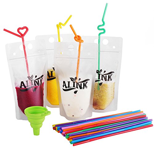 ALINK Frozen Ziplock Smoothie Bags, Empty Plastic Drink Pouches Juice Container, Set of 50 with Flexible Straws and Funnel