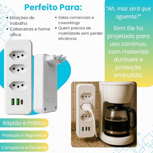 Extensão Tomada,Régua Tomadas, Régua de Energia,Adaptador Tomadaa,Filtro de Linha,Adptador, 3 Tomadas,2 Interfaces USB,1 Porta USB Tipo-C - Qualidade Super Premium