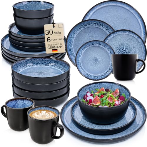 SÄNGER Aruba Steingut Geschirrset 6 Personen, Teller Set 30-tlg Blau