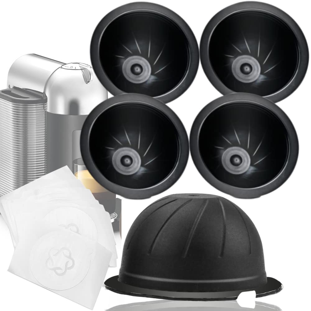 LUKELI 5 Pcs Vertuo Reusable Capsule Vertuo Pods Refillable Coffee Capsules for VertuoLine Refill Pod Fits for Nespresso Vertuo with 10 Pcs Disposable Aluminum Foils (230ML)