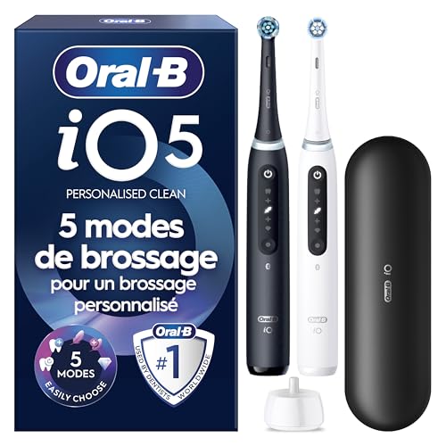 Oral-B Brosse A Dents Electrique Duo iO 5 Noire Et Blanche, 5 Modes De Brossage Dont Blancheur, Capteur De Pression Sur Les Gencives, 2 Brossettes De Rechange Oral B, Etui De Voyage