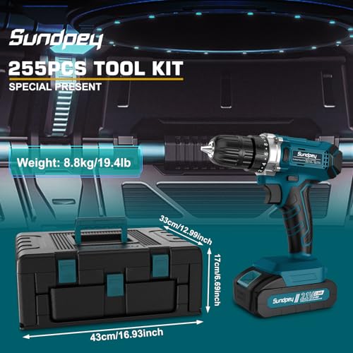 Sundpey Tool Case 255 Pieces with 21 V Cordless Drill Screwdriver Cordless Household General Case Repair Tools for Homeowner/Auto DIY