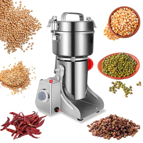 Carivia Molino de granos eléctrico 800g,Molino granos acero inoxidable 304,Molinos especias comerciales alta velocidad de 3000W para trigo seco, avena, maíz, pimienta y granos café