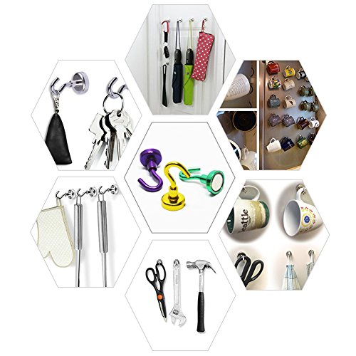 Youngneer 12pcs Magnetic Hooks Heavy Duty 12LB Colored Small Neodymium Rare Earth Magnets Hangers for Refrigerator Kitchen Indoor Outdoor - Thumbnail 5