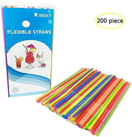 Flexible Straws of 200 pieces, Kinsky Colorful Disposable Extra Long Bendable Plastic Drinking Straws