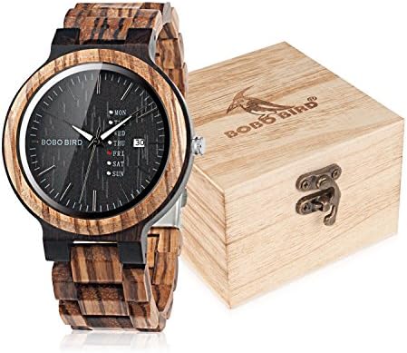 BOBO Bird Week and Date Multi-Functional Display Men's Zebra Wooden Quartz Watch Lightweight Handmade Casual Wristwatches with Gift Box