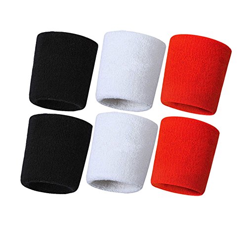 Hanerdun Wrist Sweatbands Thick Cotton Terry Cloth Wristbands For Men And Women Athletic Sweat Bands For Sports Tennis Gym Basketball, 2Black/2White/2Red(6 pieces), One Size - Thumbnail 5