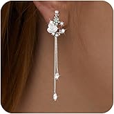 Awinesn Clip on Earrings Dangle Pearl Drop Clip Earrings for Women Trendy Dangle Chain Dainty Flower Wedding Earrings for Brides 14K Gold Plated Statement Non Pierced Earrings for Women Sparkly Jewelry