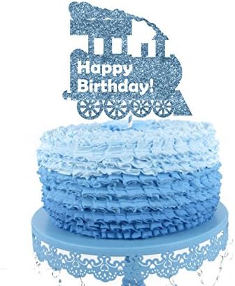 Train birthday party cake topper glitter blue - Large 5.5" wide for boy train themed birthday parties - Centerpiece, decoration, food pick - Already assembled and handmade in the USA