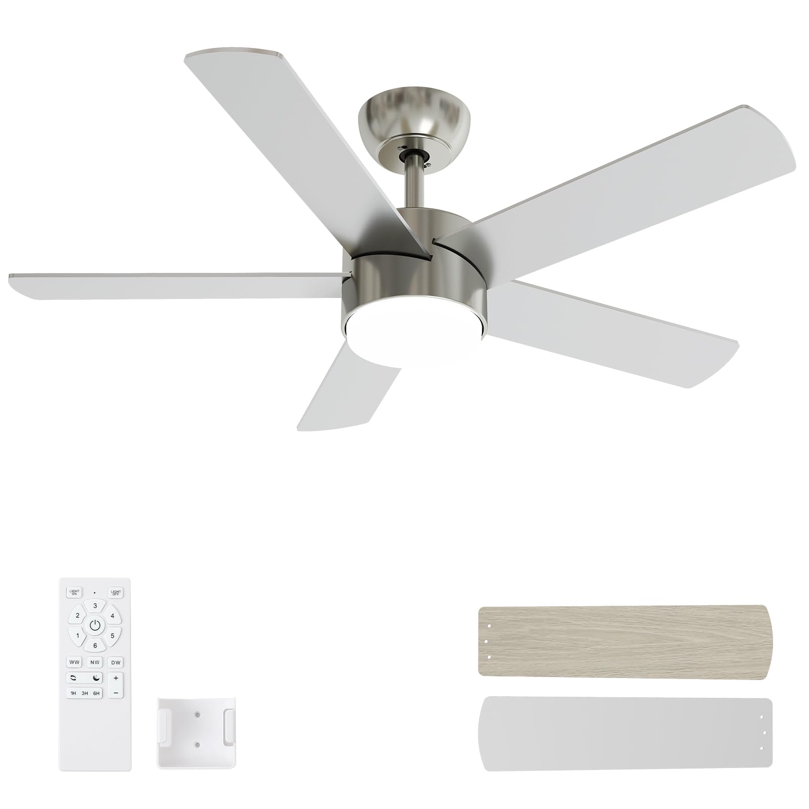 Photo 1 of POCHFAN 42 Inch Brushed Nickel Ceiling Fans with Lights,Ceiling Fan with Remote Control,Reversible DC Motor,3 CCT 6-Speed,Noiseless Ceiling Fan for Bedroom,Living Room,Dining Room,ETL Listed