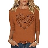 3/4 Sleeve Fall Shirts for Women Cute Floral Pumpkin Graphic Blouse Casual Halloween Tee Thanksgiving Tops