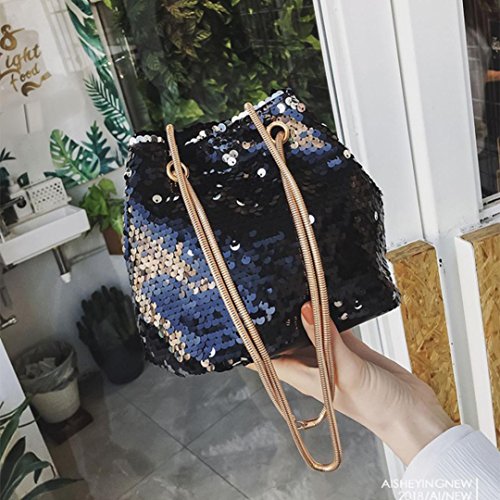Clearance Sale! ZOMUSA Women Girl Fashion PU Leather Chain Strap Shoulder Bag Bling Sequin Bucket Bag (Black)