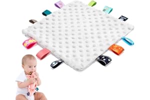 ANJEEIOT Baby Tags Security Blankets - Baby Soothing Plush Blanket with Colorful Tags, 10"x10" Square Sensory Toys, for 3 Months+ Babies Boys and Girls (Grey)