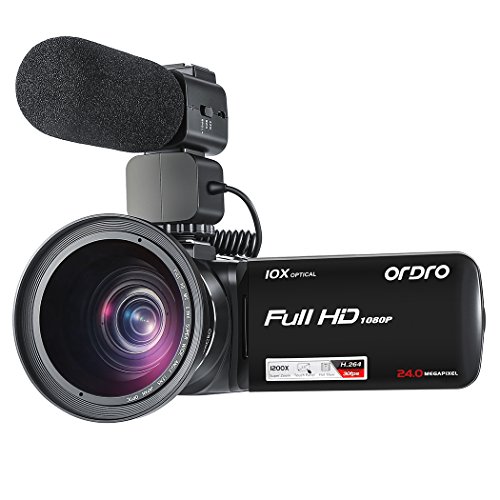 ORDRO Full HD Video Camcorder with External Microphone Wide Angle Lens 10X Optical Zoom