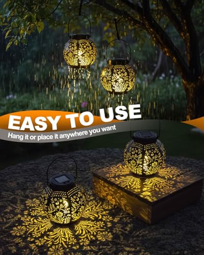 KALAHOL 2 Pack Solar Lanterns Light, Outdoor Lanterns for Garden with Beautiful Pattern, IP44/Auto On Off, Outdoor Hanging Garden Solar Lights for Garden Outside Patio Courtyard Table Balcony
