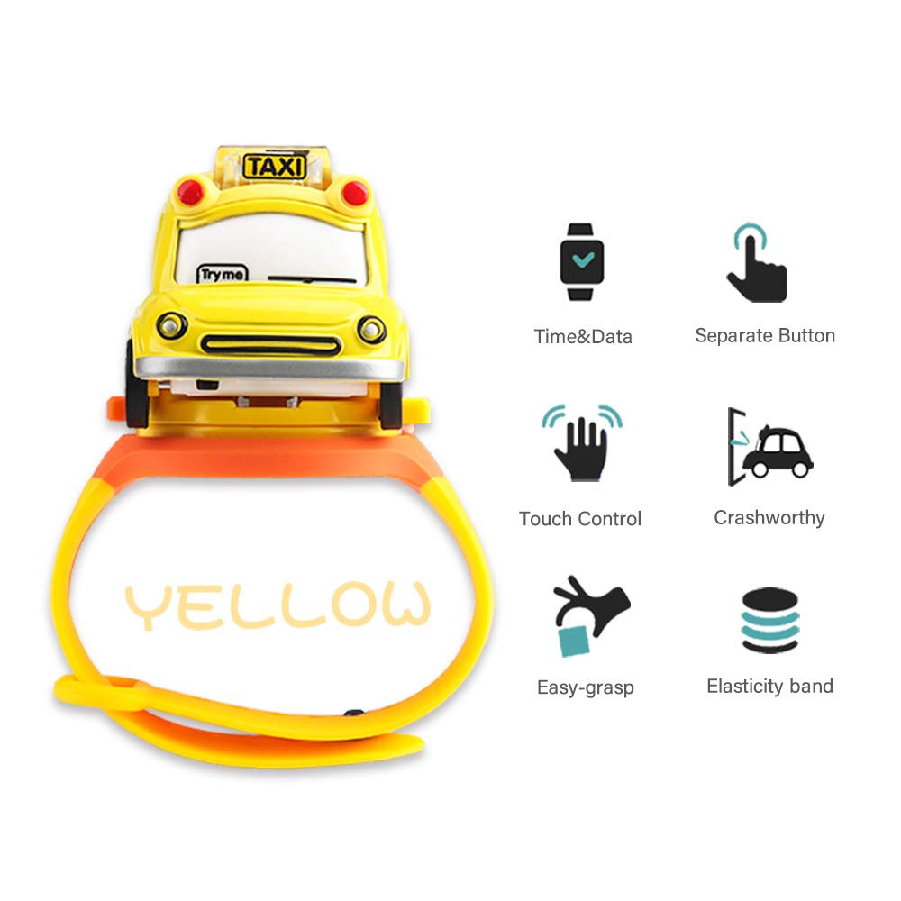 Ánimo Watch Toy Alloy Friction Car Toy Assemble Car Watch with Touch Control for Music&Light Wrist Watch with Funcional Mini Car Model Watch Early Learning Educational Gift for Kid 3+ Yellow Taxi