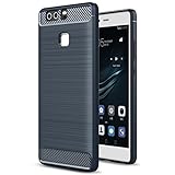 Huawei P9 Case, Landee Soft TPU Shock Absorption and Carbon Fiber Design Silicone Case for Huawei P9 (Navy Blue)