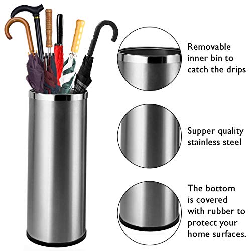 Bennett Umbrella Stand, Stainless Steel Round Style, w/Removable Inner Bucket 20" Tall, Entry Hallway Décor Home, Office Decoration Rack Holds Umbrellas Canes Walking Sticks Great Gift Idea - Thumbnail 2