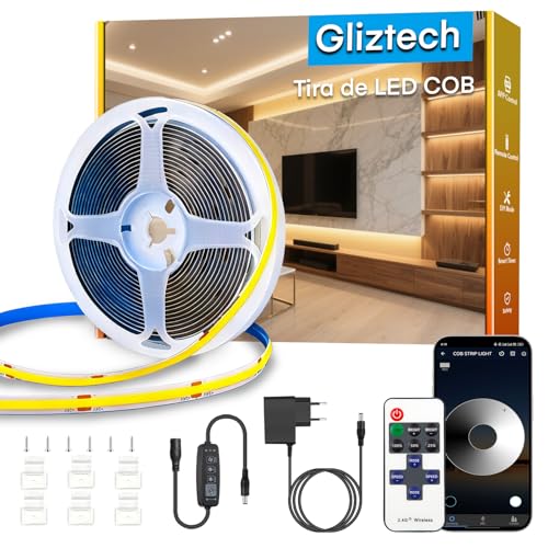 Gliztech COB LED Strip, 2700K LED Cob Dimmer CRI90+, with APP and Remote Control, This COB LED Strip is ideal for indoor lighting in bedrooms, living rooms, kitchens and more (15m)