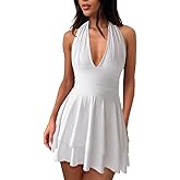 HOT ROEE Women's Halter Deep V Neck A-line Mini Dress Ruched Waist Short Party Dresses