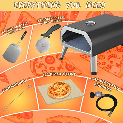 RESVIN 12 Gas Pizza Oven, Portable Pizza Oven Outdoor, Stainless Steel Gas Powered Pizza Oven with Built-in Thermometer, Pizza Peel, Wheel, Stone for Backyard Pizza Parties Mobile Outdoor Kitchen