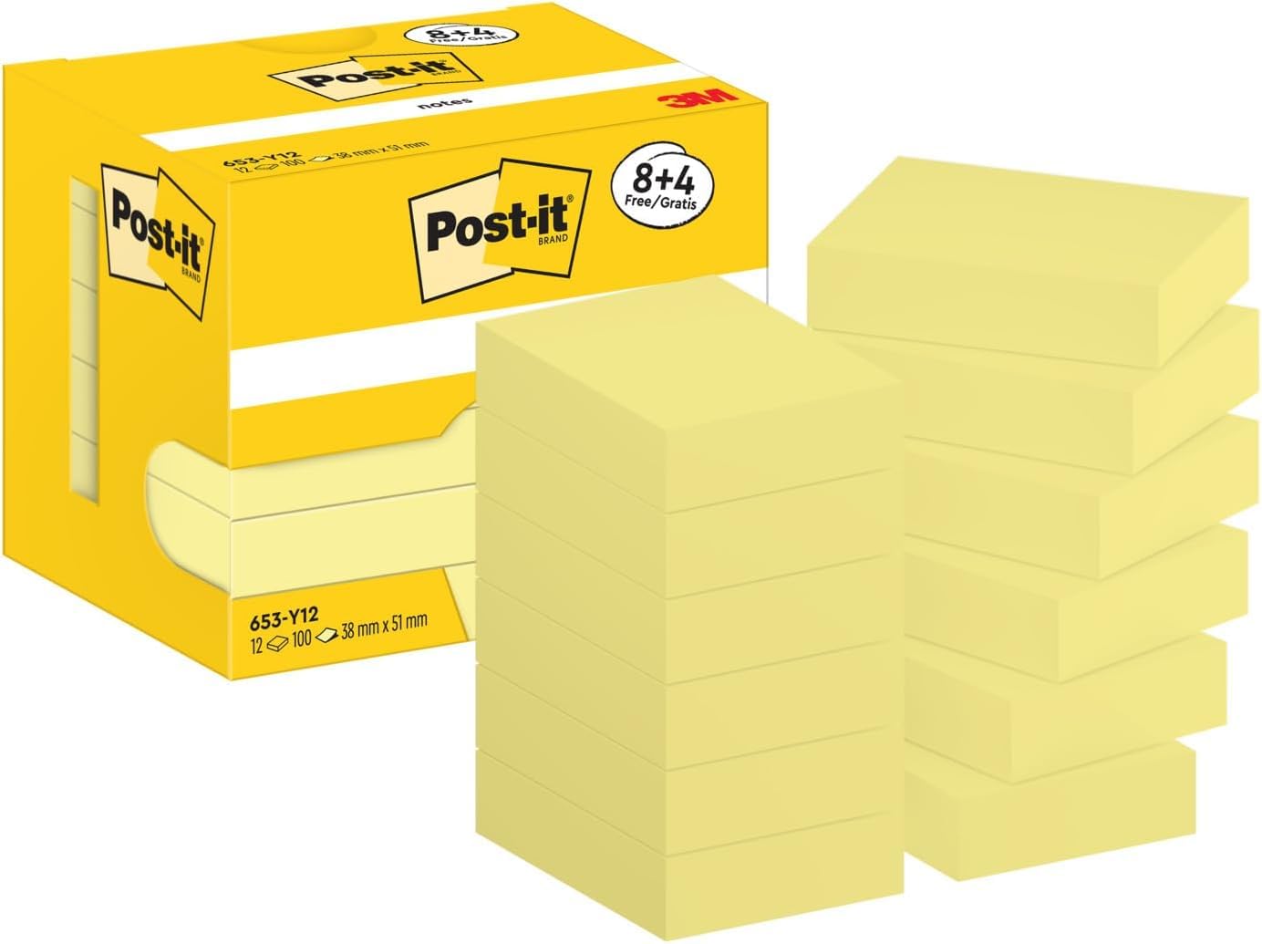 Post-it Notes Canary Yellow, Pack of 8 + 4 FREE Pads, 100 Sheets per Pad, 38 mm x 51 mm, Yellow Color - Self-stick Notes For Note Taking, To Do Lists & Reminders