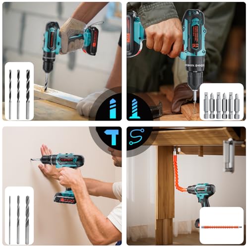 21V Cordless Drill with 2-Battery and Charger, Electric drill Set, Power Drill Cordless with 3/8 Inch Keyless Chuck, 25+ 3 Clutch,Work Light, Max torque 45Nm, 2-Variable Speed