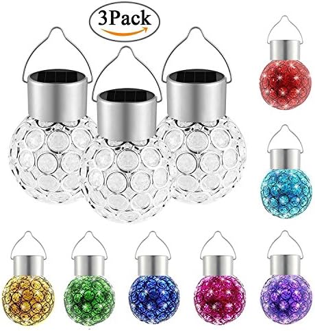 Solar Garden Tree Hanging Light 7 Color Changeable Lantern Ball Garden Fence Landscape Hanging Patio Lamps for Yard/ Path/ Driveway / Party (3PCs Crackle Glass Globe Solar Lights)