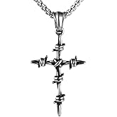HZMAN Men's Vintage Silver Nail Cross Punk Gothic Stainless Steel Barbed Wire Pendant Necklacee 22+2 Inch