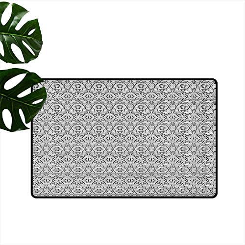 Black and White Waterproof Door mat Abstract and Artistic Mandala Style Floral Symmetrical Simple Motifs Tile Mildew Proof W23 x L35 Black White