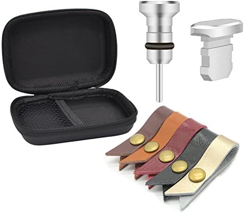Storage Case Container Zipper Packet + Metal Anti Dust Port Plugs for earphone port and charging ports SIM Card Removal Tool + 5 Headphone USB Cable Leather Cord Wrap for iPhone 5, 5s, 6, 11 Plus