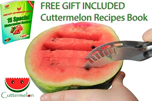 Cuttermelon Watermelon Cutter &amp; Slicer Knife Plus Ebook w/ 15 Recipes for Fruit Salad Bowls Appetizer Trays Juices &amp; Summer Cocktails-Stainless Steel-Dishwasher Safe-Beach Party Kitchen Accessories